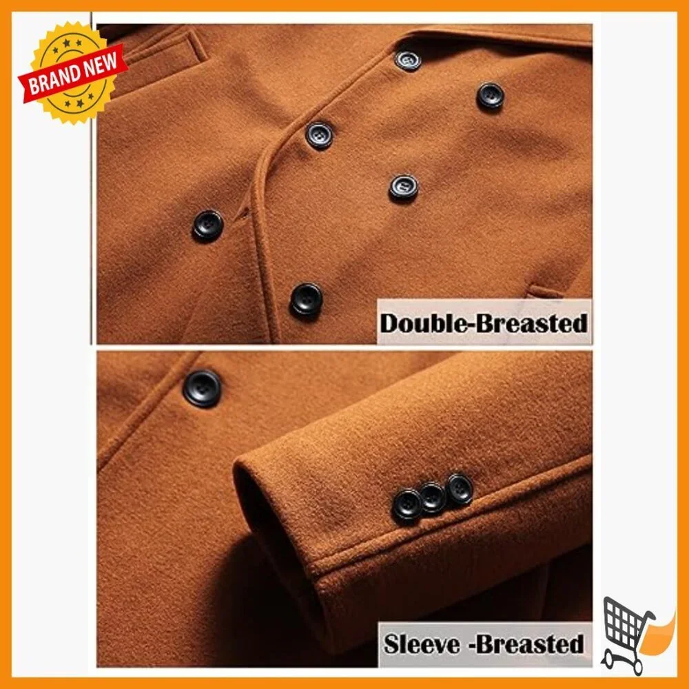 Slim Fit Wool Blend Pea Coat Double Breasted Winter Overcoat Long Sleeve